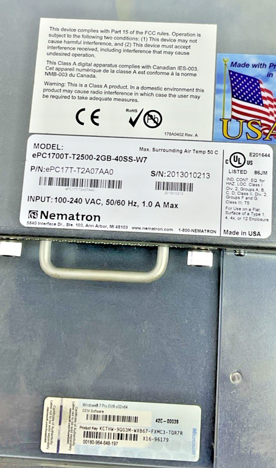 NEMATRON EPC1700T-T25002GB-40SS-WY7 TOUCH SCREEN PANEL 100-240VAC