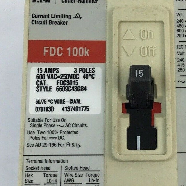 CUTLER HAMMER FDC3015 CIRCUIT BREAKER 15A 600VAC/250VDC 3P