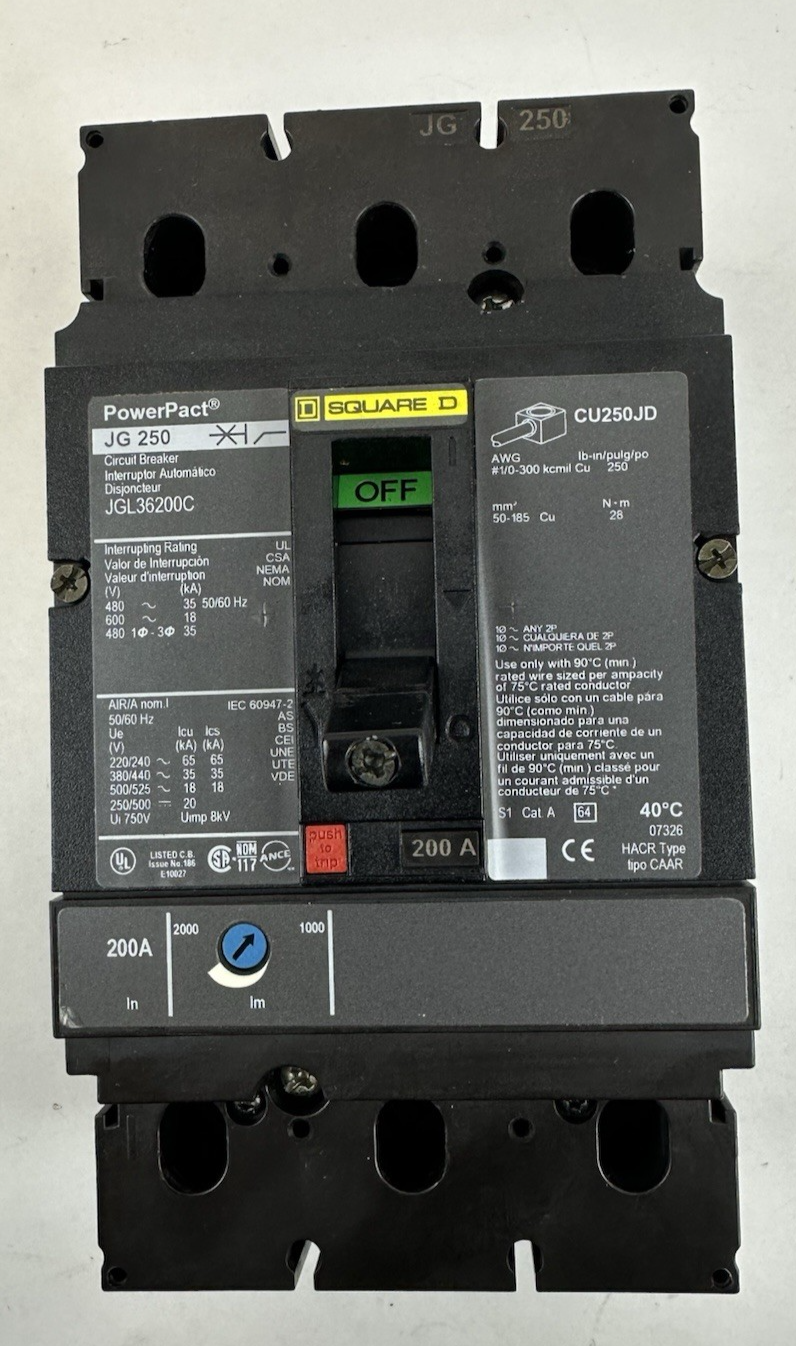 SQUARE D JGL36200C CIRCUIT BREAKER 200A 3P 600V 35kA POWERPACT J
