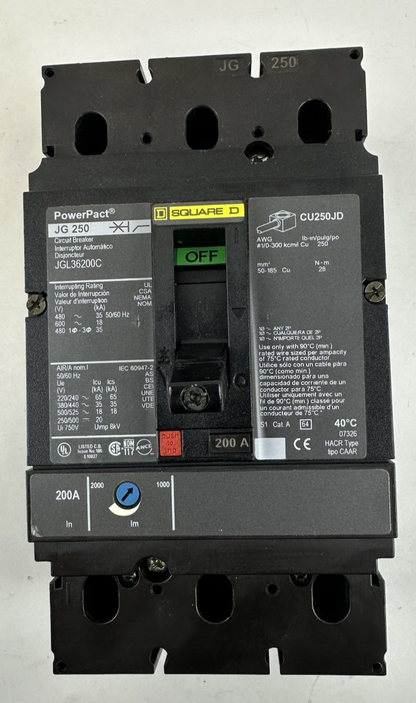 SQUARE D JGL36200C CIRCUIT BREAKER 200A 3P 600V 35kA POWERPACT J