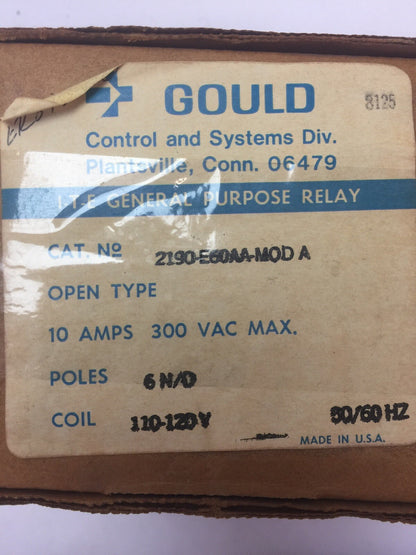 GOULD 2190-E60AA MOD A GENERAL PURPOSE RELAY 300VAC 10A 2090-810 COIL 110-120V