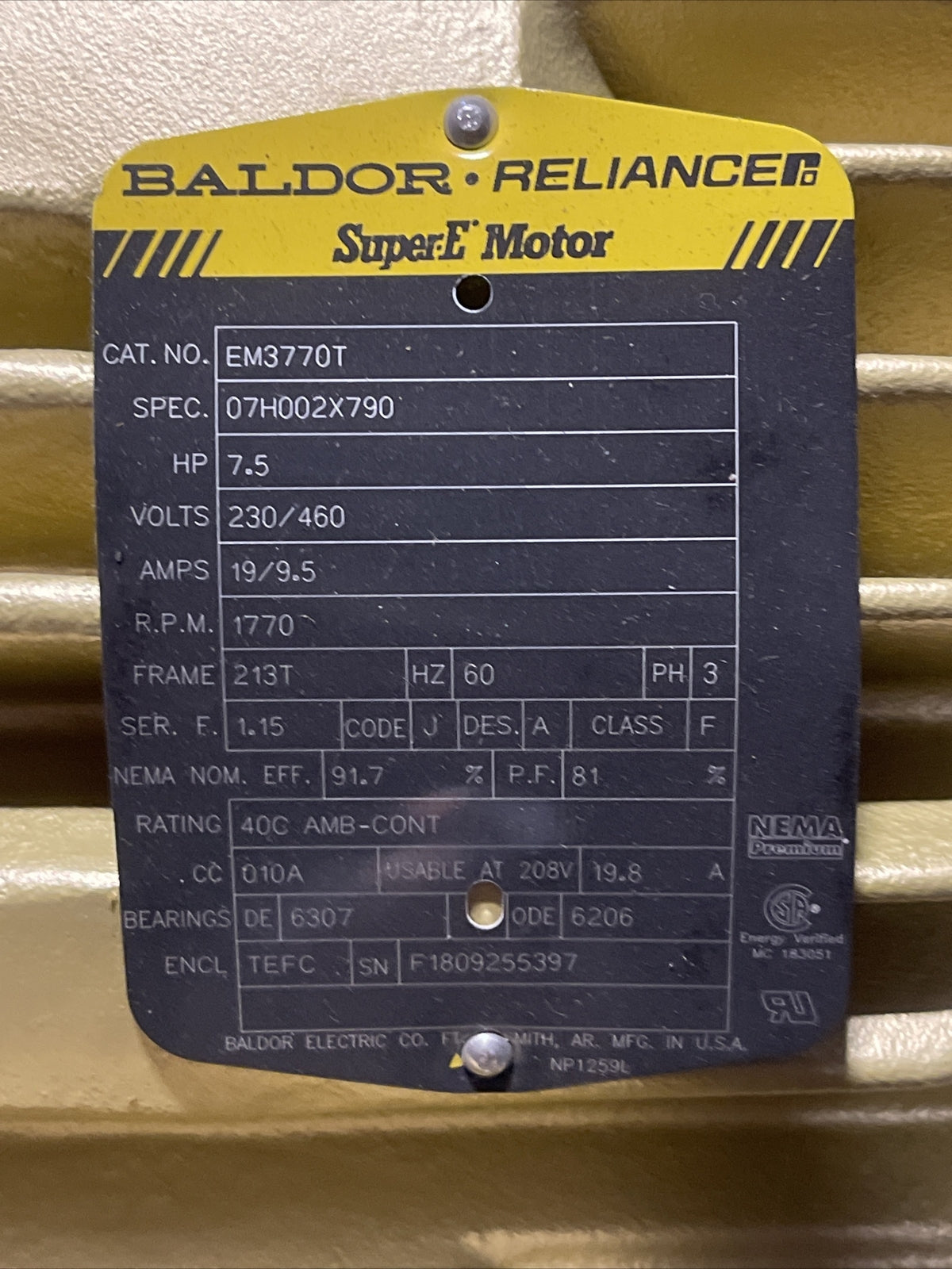 BALDOR EM3770T SUPER E MOTOR 7.5HP 1770RPM 3PH 230/460V 19/9.5A