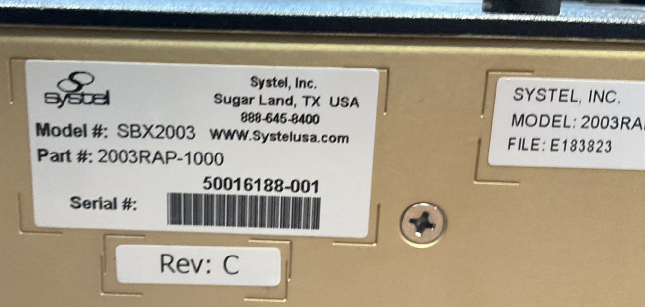 SYSTEL DEMATIC SBX2003 2003RAP-1000 REV C INDUTRIAL COMPUTER 120VAC/240VAC 8A/4A