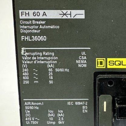 SQUARE D FHL36060 3 POLE MOLDED CASE CIRCUIT BREAKER 60A 600VAC 250VDC
