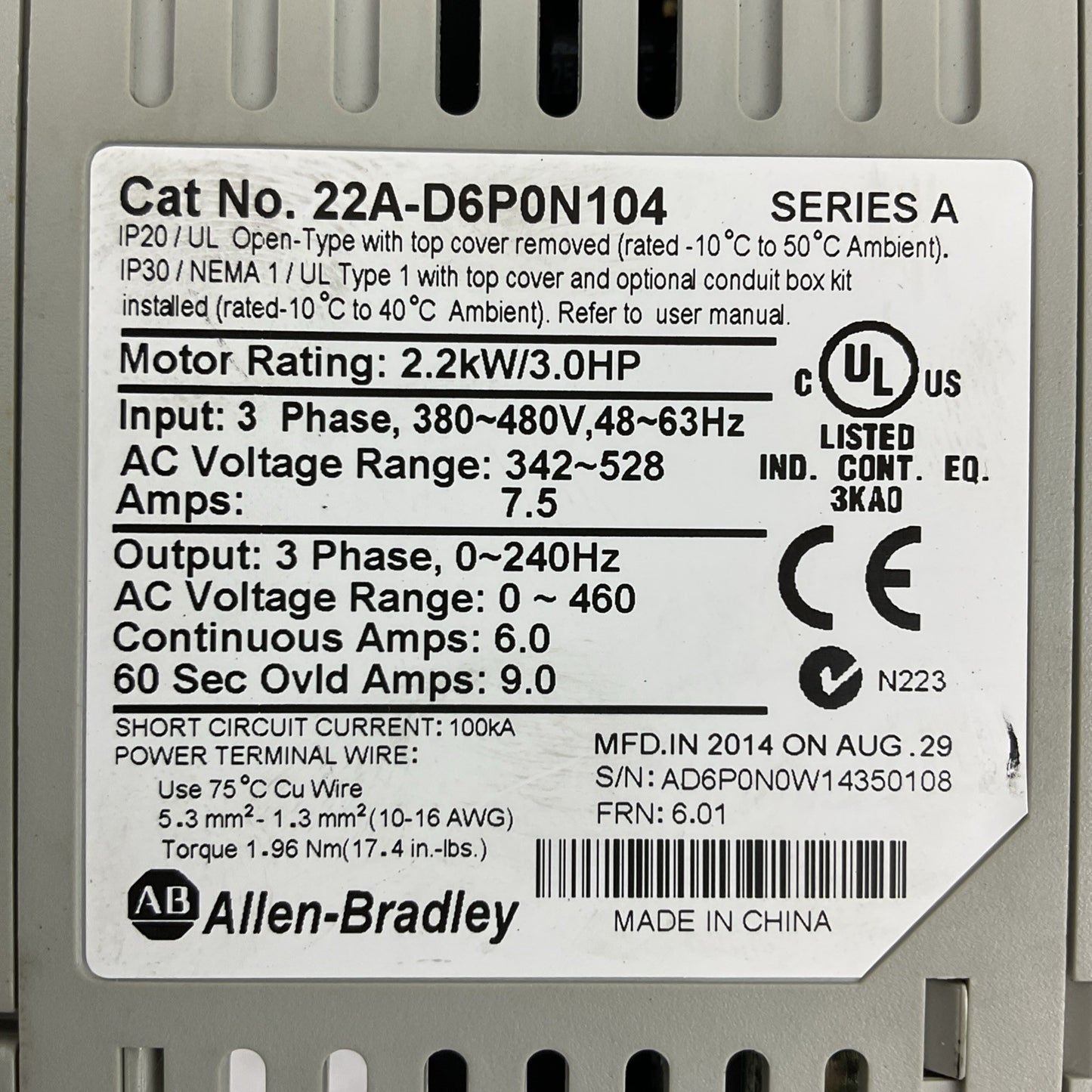 ALLEN BRADLEY 22A-D6P0N104 SER A FRN: 6.01 AC DRIVE 2.2kW 3.0HP OUTPUT 0-460VAC