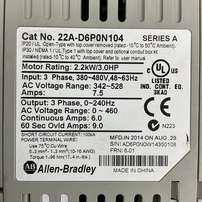 ALLEN BRADLEY 22A-D6P0N104 SER A FRN: 6.01 AC DRIVE 2.2kW 3.0HP OUTPUT 0-460VAC