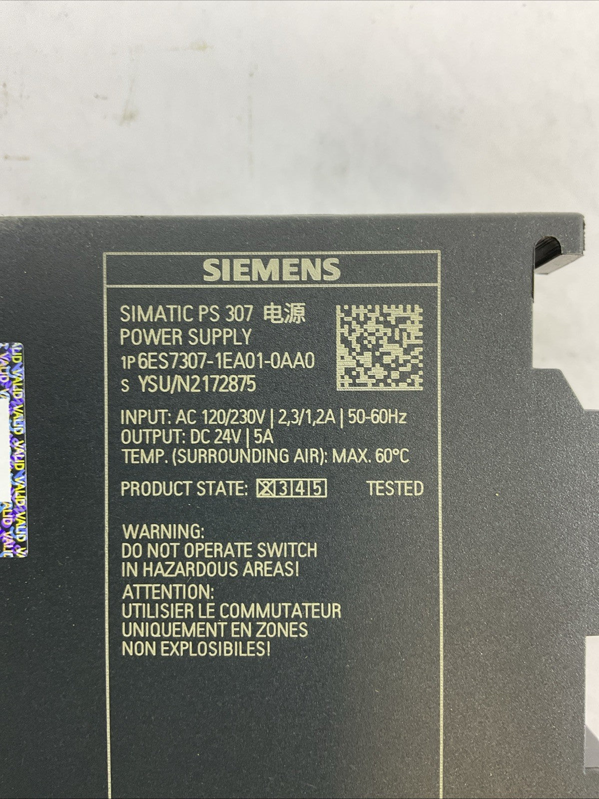 SIEMENS 1P 6ES7307-1EA01-0AA0 SIMATIC PS 307 POWER SUPPLY OUTPUT 24VDC 5A