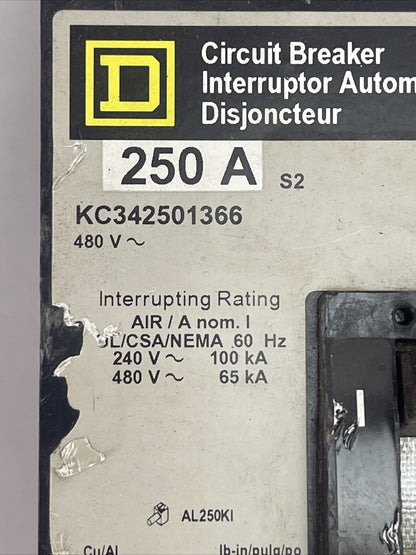 SQUARE D KC342501366 CIRCUIT BREAKER 250AMP 480VAC 3POLE