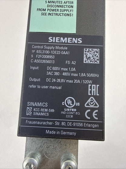 SIEMENS SINAMICS 6SL3100-1DE22-0AA1 CONTROL SUPPLY MODULE 600VDC 50/60HZ 520W