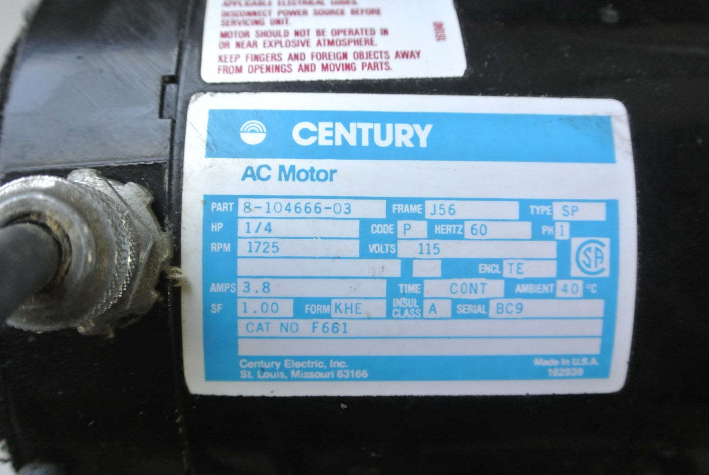 CENTURY 8-104666-0 ELECT MOTOR - 1725 RPM, 115V, 60Hz, 1-PH, 1/4HP, 3.8A, F661