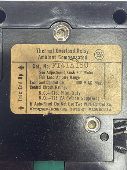 WESTINGHOUSE FT41A150 THERMAL OVERLOAD RELAY 600VAC