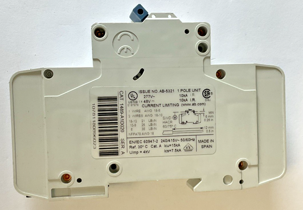 ALLEN BRADLEY 1489-A1D020 CIRCUIT BREAKER SER.A 10KA W/1489-AAHH3 ***LOTOF4***