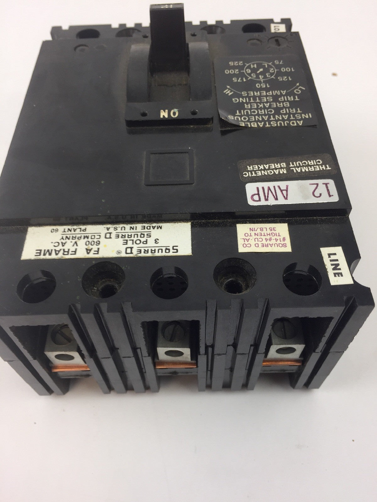 SQUARE D FAL3601212T THERMAL MAGNETIC CIRCUIT BREAKER 600 VAC 12 AMP 3 POLE
