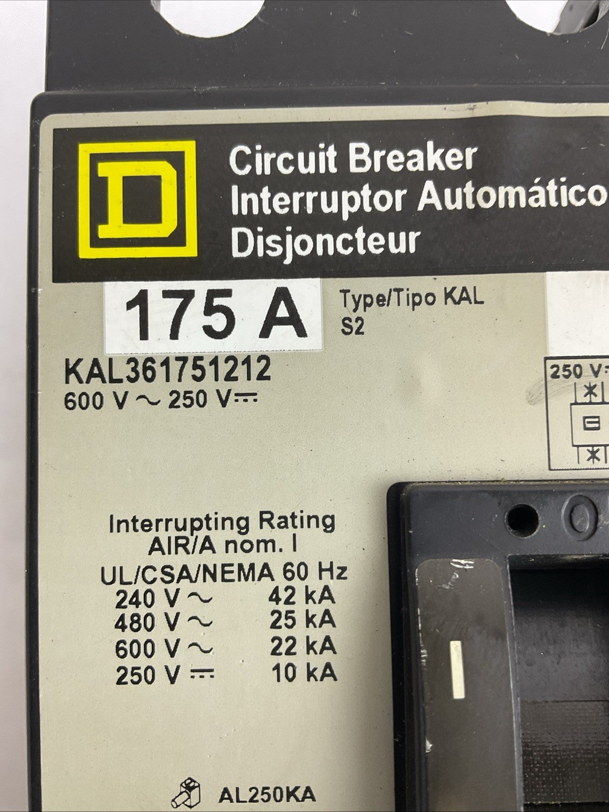 SQUARE D KAL361751212 CIRCUIT BREAKER 175A 600VAC 250VDC 3POLE