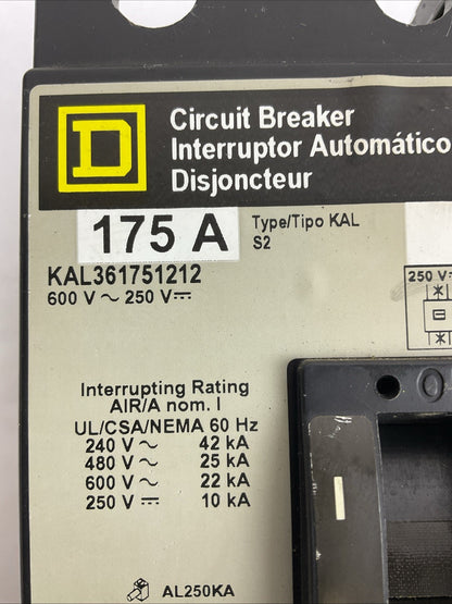 SQUARE D KAL361751212 CIRCUIT BREAKER 175A 600VAC 250VDC 3POLE