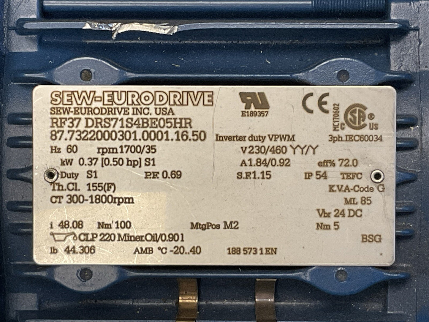 SEW-EURODRIVE RF37 DRS71S4BE05HR GEAR MOTOR HZ 60 rpm 1700/35 V230/460 YY/Y