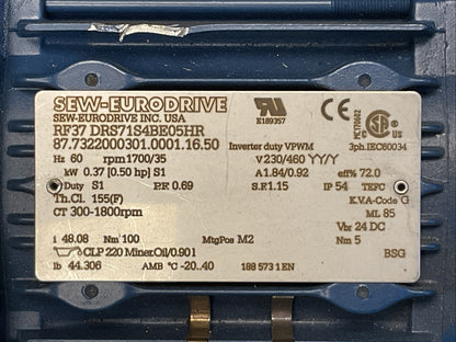 SEW-EURODRIVE RF37 DRS71S4BE05HR GEAR MOTOR HZ 60 rpm 1700/35 V230/460 YY/Y