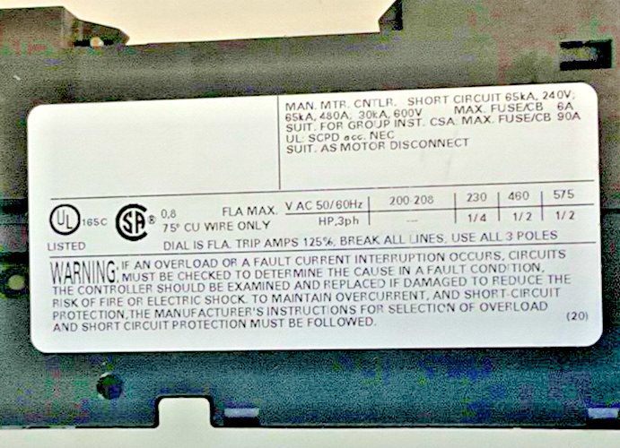 SIEMENS 3RV1421-0HA10 COMBINATION MOTOR CONTROL 0.55-0.8A