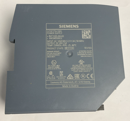 SIEMENS 6EP1332-2BA20 POWER SUPPLY 24VDC 5A 50/60HZ