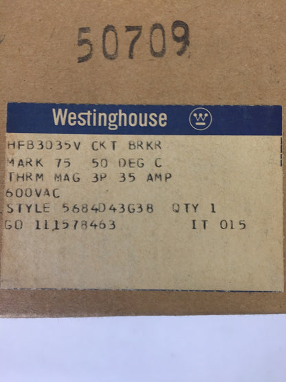 WESTINGHOUSE HFB3035V AB DE-ION CIRCUIT BREAKER 35AMP 600VAC 3POLE 5684D43G38