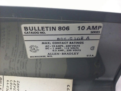 ALLEN BRADLEY 806-C102 SER. A, ROTARY PILOT SWITCH, 10A @ 600VAC,1A @ 115VDC,10P
