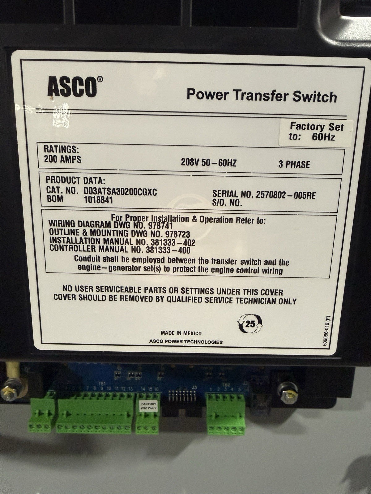 ASCO D03ATSA30200CGXC 200A 208V  3P AUTOMATIC TRANSFER SWITCH 50-60HZ