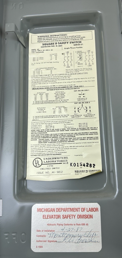 SQUARE D H362 SERIES E1 3 PHASE FUSIBLE DISCONNECT SAFETY SWITCH 60A 600V