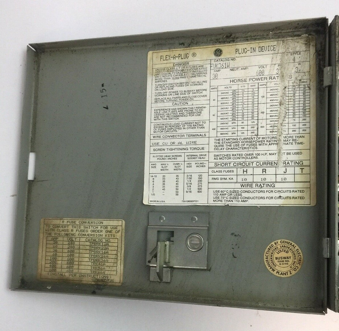 GE FVK361W FLEX-A-PLUG PLUG IN DEVICE BUS PLUG 600VAC 30AMP 20HP 3 PHASE 3 POLE