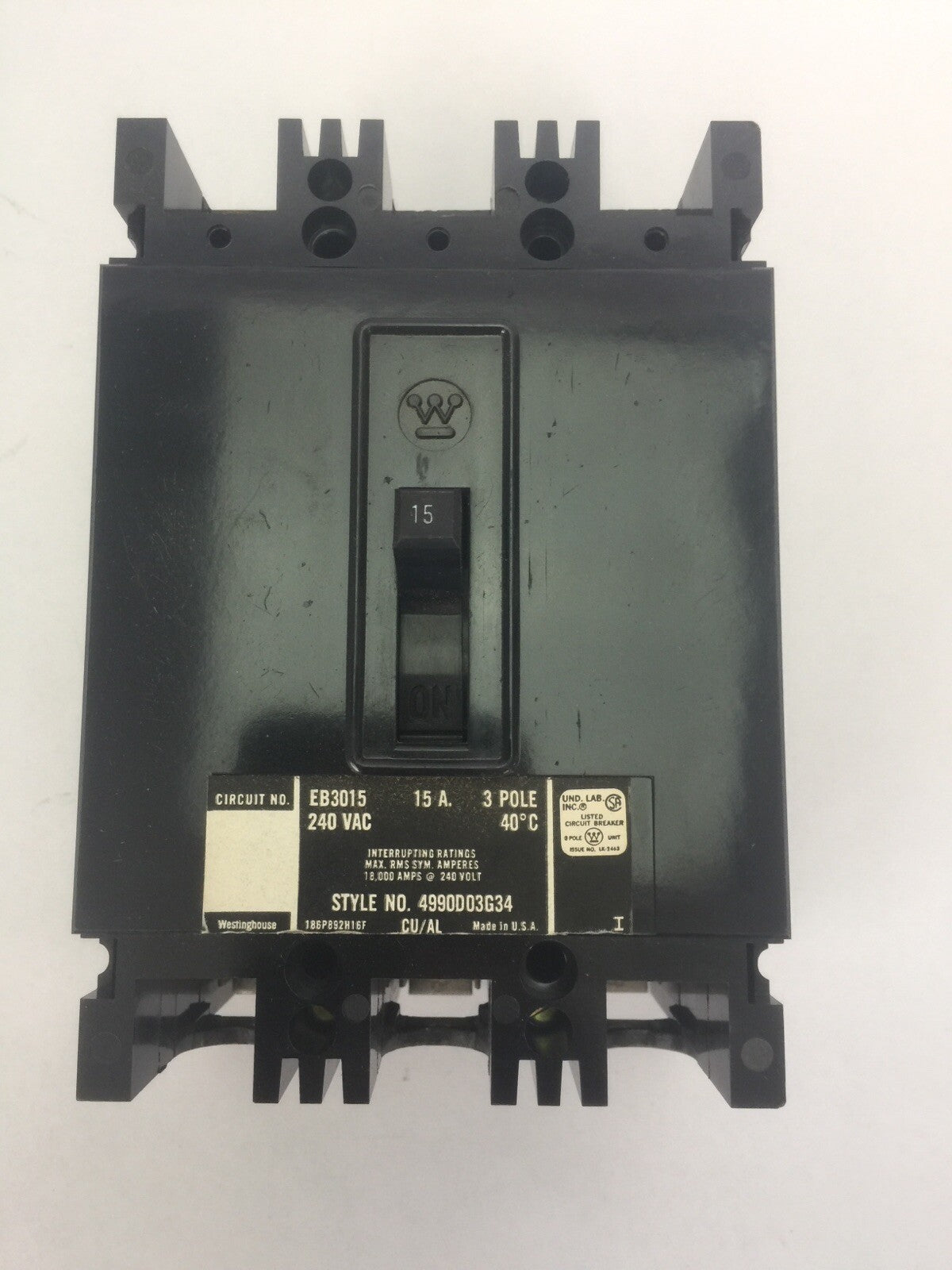 WESTINGHOUSE EB3015 AB DE-ION CIRCUIT BREAKER 15A 240VAC 3 POLE 4990D03G34