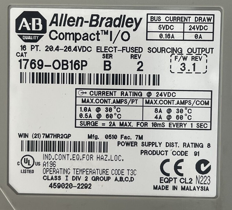 ALLEN BRADLEY 1769-OB16P SER B REV 2 F/W REV 3.1 COMPACT I/O 16PT 20.4-26.4VDC