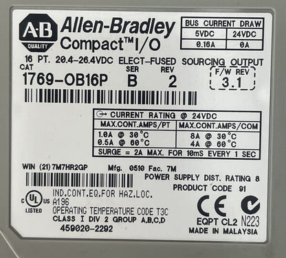 ALLEN BRADLEY 1769-OB16P SER B REV 2 F/W REV 3.1 COMPACT I/O 16PT 20.4-26.4VDC