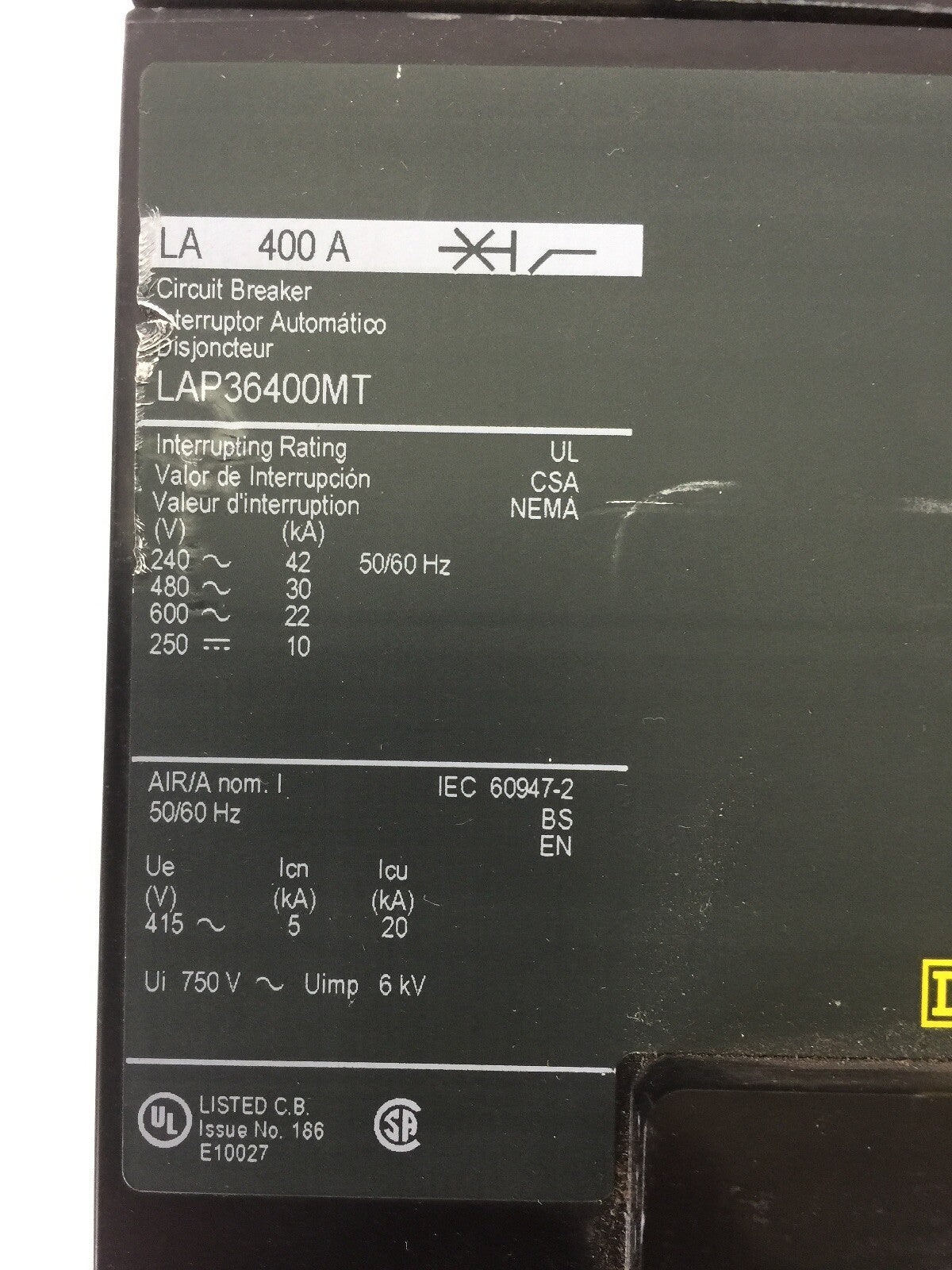 SQUARE D LAP36400MT CIRCUIT BREAKER 400A 250VDC 600VAC LA400A AL400LA LA11021