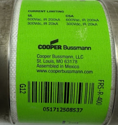 COOPER BUSSMANN FRS-R-400 FUSETRON CLASS RK5 TIME-DELAY FUSE 400A 600VAC 300VDC