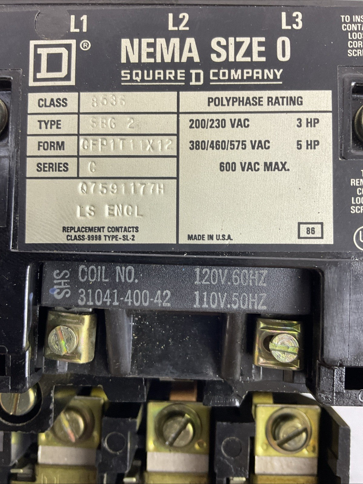 SQUARE D 8536SBG2 SIZE 0 STARTER 600VAC 5HP B4.85 HEATERS 31041-400-42 COIL 120V