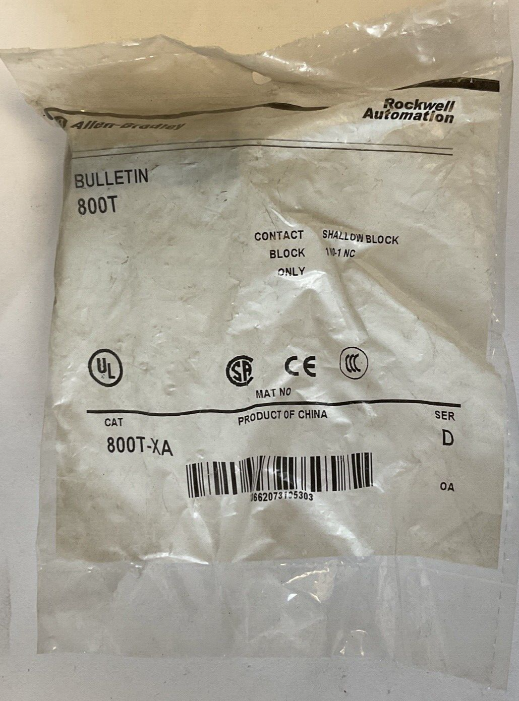 ALLEN BRADLEY 800T-XA SHALLOW BLOCK 1N0-1NC SER.D