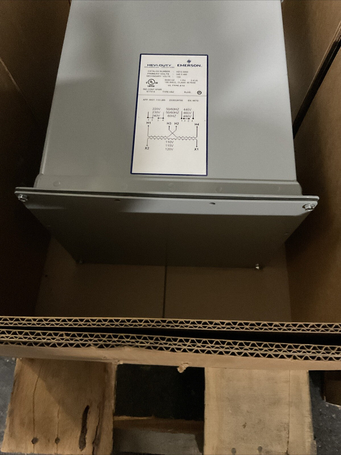 EMERSON HEVI-DUTY HZ12-3000 TRANSFORMER PRI VOLTS 240X180 SEC VOLTS 120 1PH 3KVA