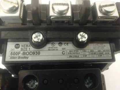 ALLEN BRADLEY 500F-BOD930 SER. C STARTER, SIZE 1, 27A, 600V, 120V COIL, W39,USED