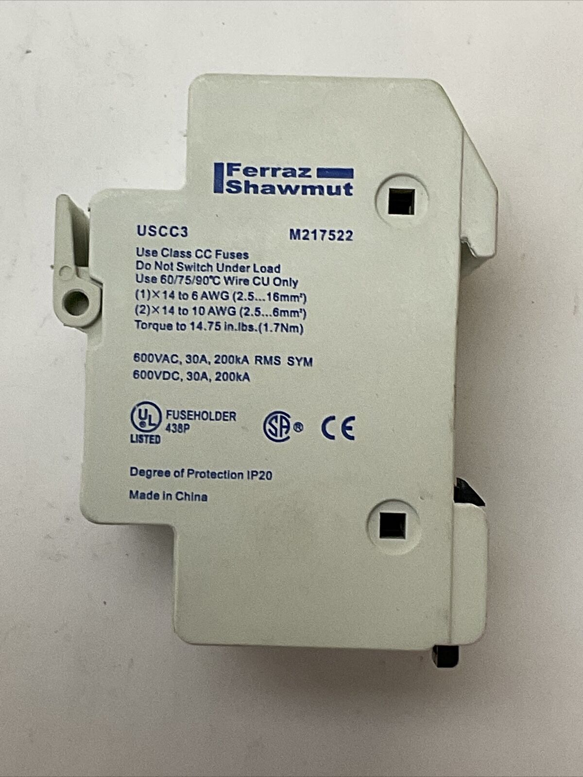 FERRAZ SHAWMUT USCC3 M217522 FUSE HOLDER USE CLASS CC FUSES 600V 30A 200kA