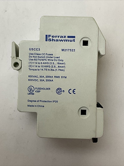 FERRAZ SHAWMUT USCC3 M217522 FUSE HOLDER USE CLASS CC FUSES 600V 30A 200kA