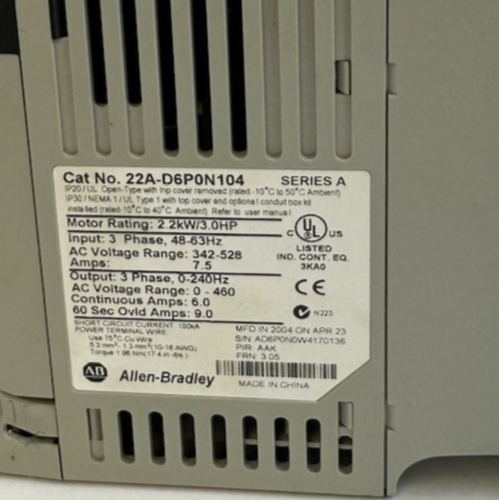 ALLEN-BRADLEY 22A-D6P0N104 POWERFLEX 4 AC DRIVE SER A FRN 3.05 3PH 342-528V