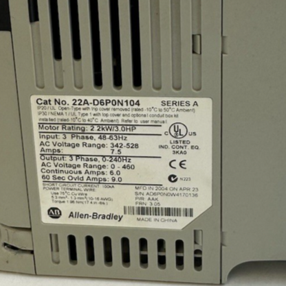 ALLEN-BRADLEY 22A-D6P0N104 POWERFLEX 4 AC DRIVE SER A FRN 3.05 3PH 342-528V