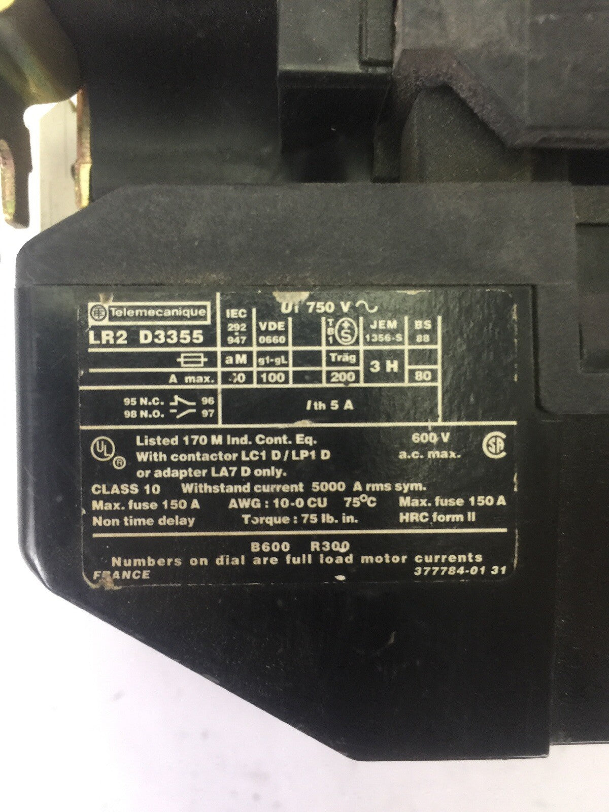 TELEMECANIQUE MOTOR STARTER D65004 CONTACTOR 600VAC 80A 3PH 50HP LR2D3355 OVER