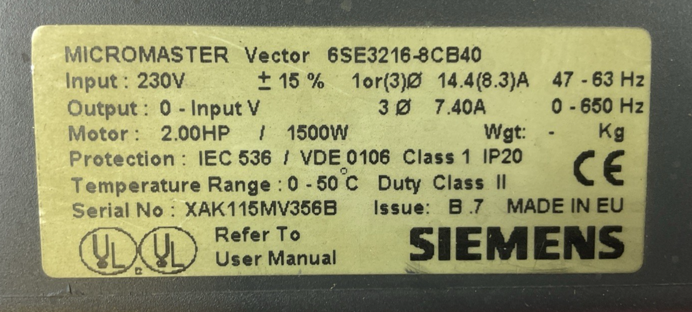 SIEMENS 6SE3216-8CB40 MICROMASTER VECTOR AC DRIVE 2.0HP 1500W 230VAC 7.40A