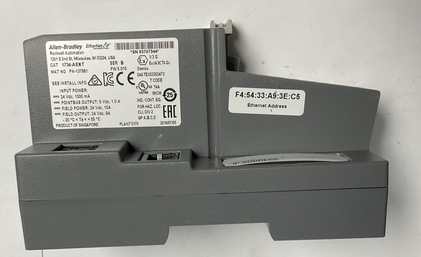 ALLEN BRADLEY 1734-AENT ETHERNET ADAPTER SER.B FW.5.015 24VDC W /1734-RTB