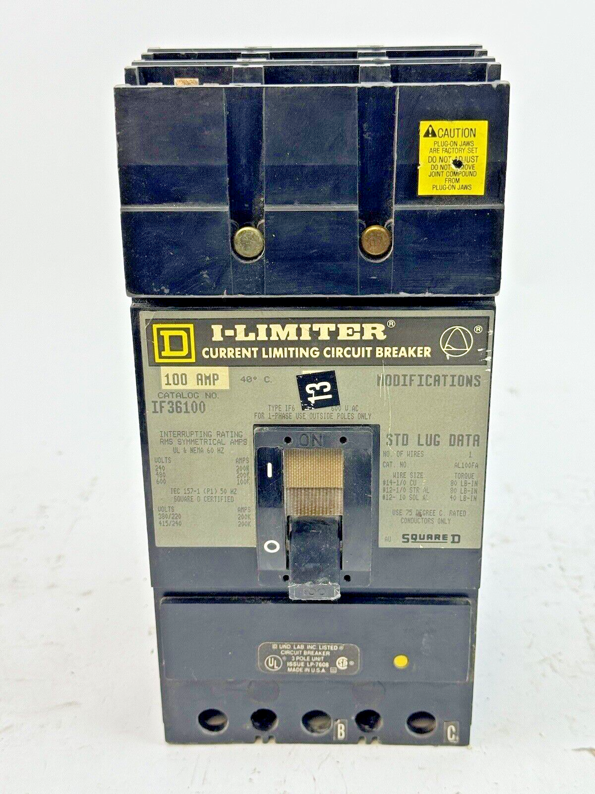 SQUARE D - IF36100 - I-LIMITER CIRCUIT BREAKER - 100 AMP, 3 POLE, 600 VAC