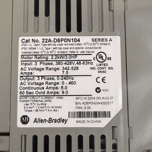 ALLEN-BRADLEY 22A-D6P0N104 POWERFLEX 4 AC DRIVE SER A FRN 3.05 3PH 342-528V
