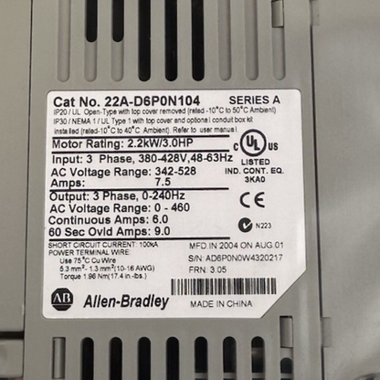 ALLEN-BRADLEY 22A-D6P0N104 POWERFLEX 4 AC DRIVE SER A FRN 3.05 3PH 342-528V