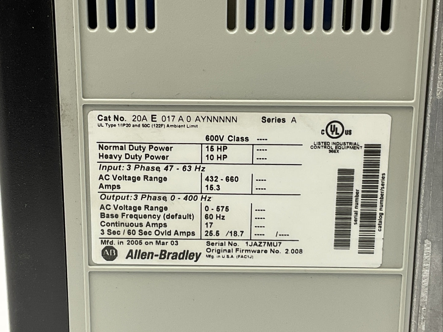 ALLEN BRADLEY 20AE017A0AYNNNNN AC DRIVE F/W 2.008 SER A 15HP OUTPUT 0-575VAC 3PH