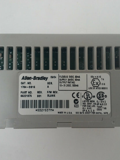 ALLEN BRADLEY 1794-0B16 FLEX I/O 24VDC SOURCE OUTPUT REV.B01 F/W REV.BLANK