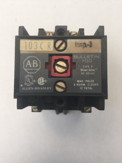 ALLEN BRADLEY 700-P000A1 CONTROL RELAY TYPE P 115-120V 60HZ 110V 50HZ SERIES A